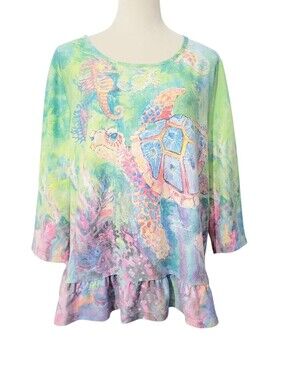 Leoma Lovegrove Size XL Sea Turtle Sweatshirt Coastal Art Ruffle Hem 3/4 Sleeve